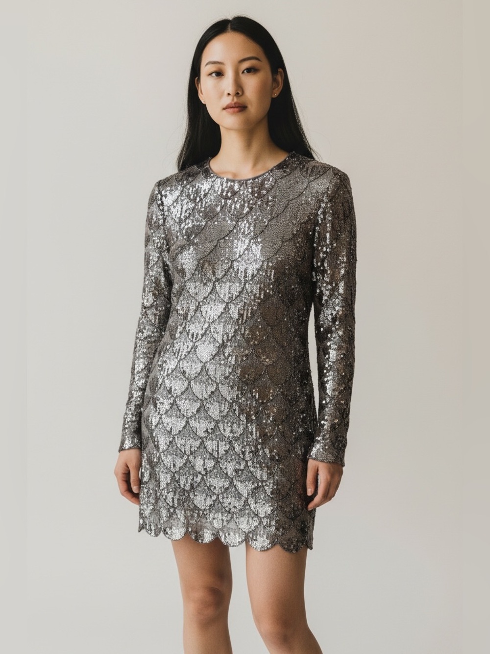 NWT Zara Sequin Scallop Mini Dress in Silver SMALL $179